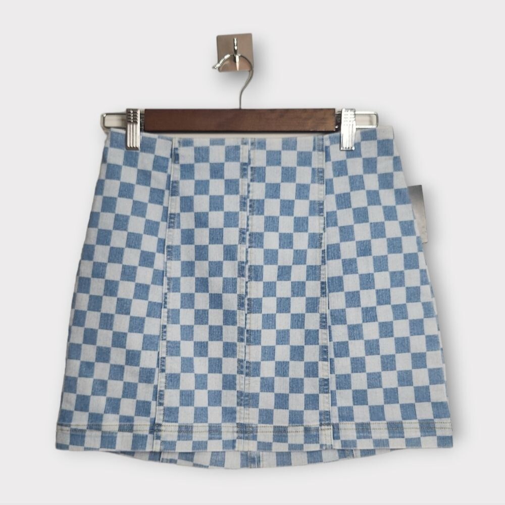 No Boundaries Checkered Denim Mini Skirt S - Picture 2 of 5